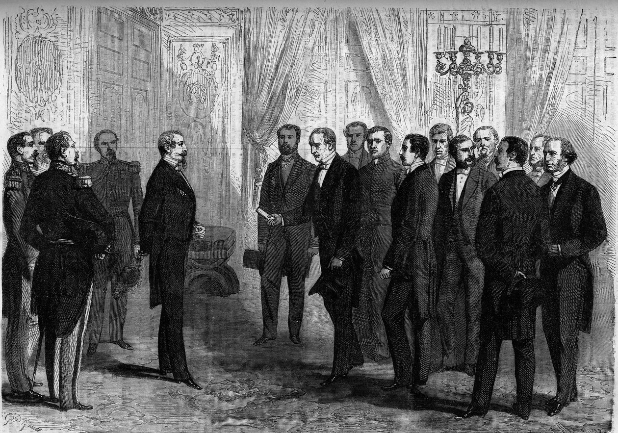 III. Napóleon császár a Tuileriákban fogadja azt a mexikói küldöttséget, amelynek feladata, hogy felajánlja Mexikó koronáját Maximilian hercegnek (Mexikó 1. Maximilianusa). Párizs alkotó: French School