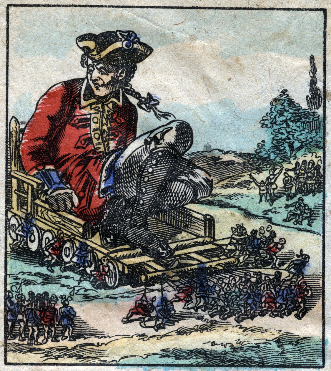 Lemuel Gullivert, a foglyot a liliputiak vontatta kocsin szállítják. Illusztráció a Gulliver utazásaihoz, Jonathan Swift (1667-1745). Epinális képalkotás a 19. század végén. alkotó: French School