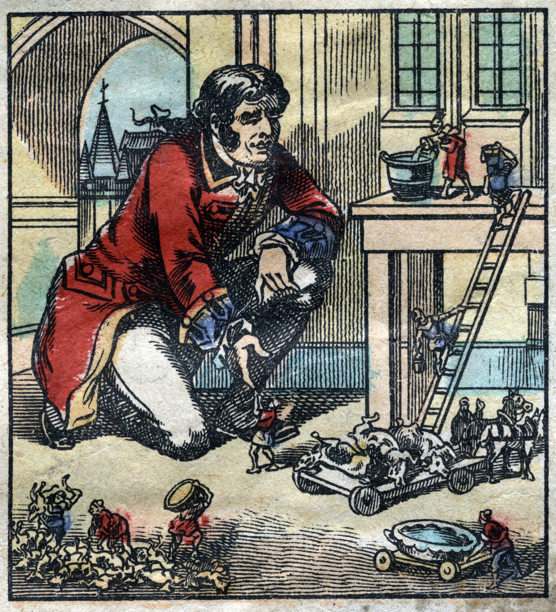 Lemuel Gulliver a liliputi hadsereg tanácsadója. Illusztráció a Gulliver utazásaihoz, Jonathan Swift (1667-1745). Epinális képalkotás a 19. század végén. alkotó: French School