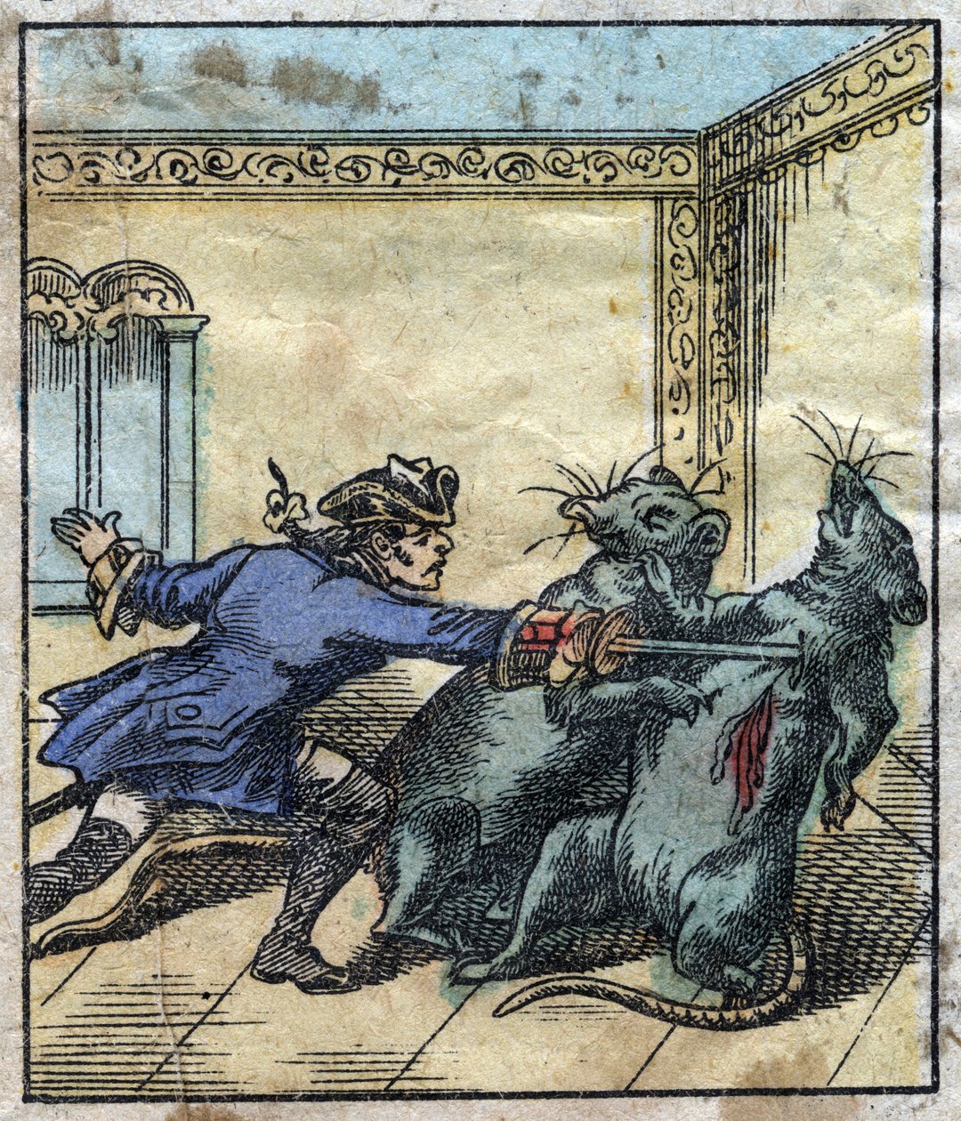 Lemuel Gulliver patkányokkal küzd Brobdingnag óriásainak földjén. Illusztráció a Gulliver utazásaihoz, Jonathan Swift (1667-1745). Epinális képalkotás a 19. század végén. alkotó: French School