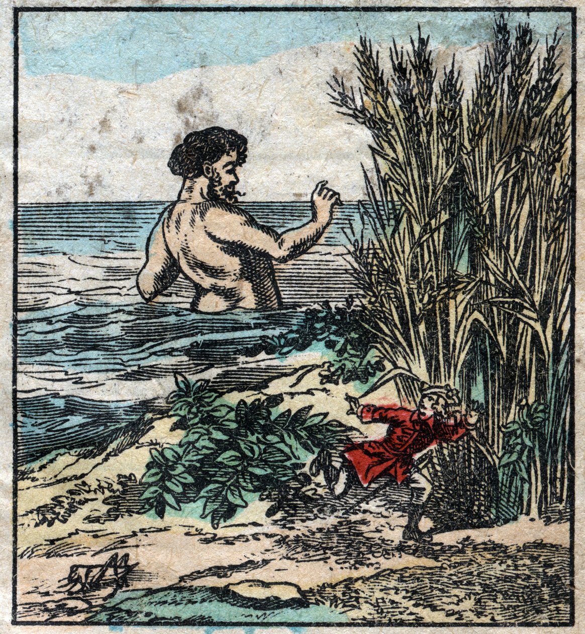 Lemuel Gulliver elbújik egy óriás elől Brobdingnagban. Illusztráció a Gulliver utazásaihoz, Jonathan Swift (1667-1745). Epinális képalkotás a 19. század végén. alkotó: French School