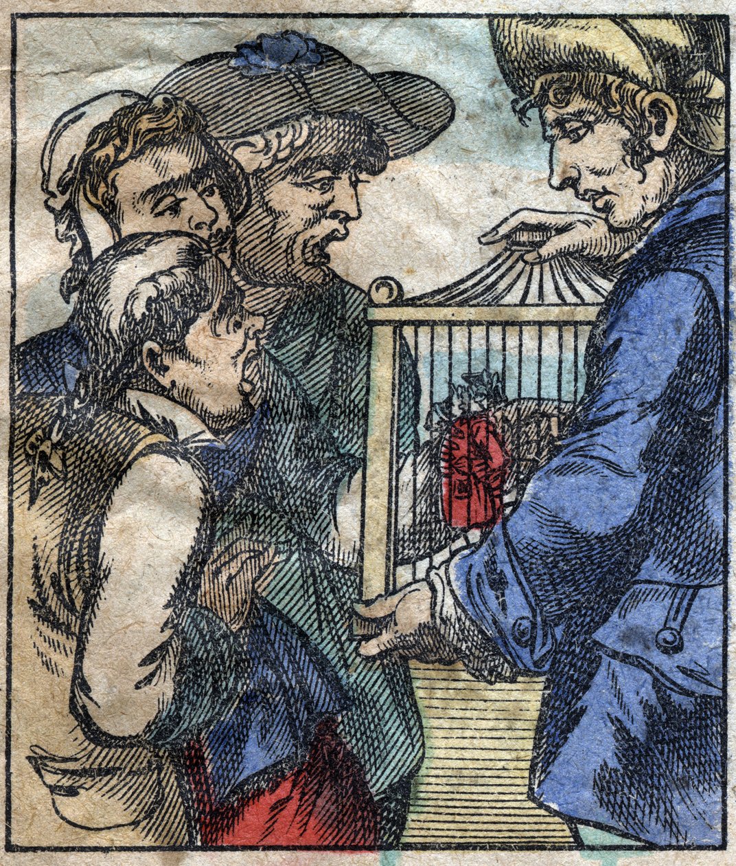 Lemuel Gullivert egy ketrecben mutatják meg Brobdingnag óriásainak. Illusztráció a Gulliver utazásaihoz, Jonathan Swift (1667-1745). Epinális képalkotás a 19. század végén. alkotó: French School