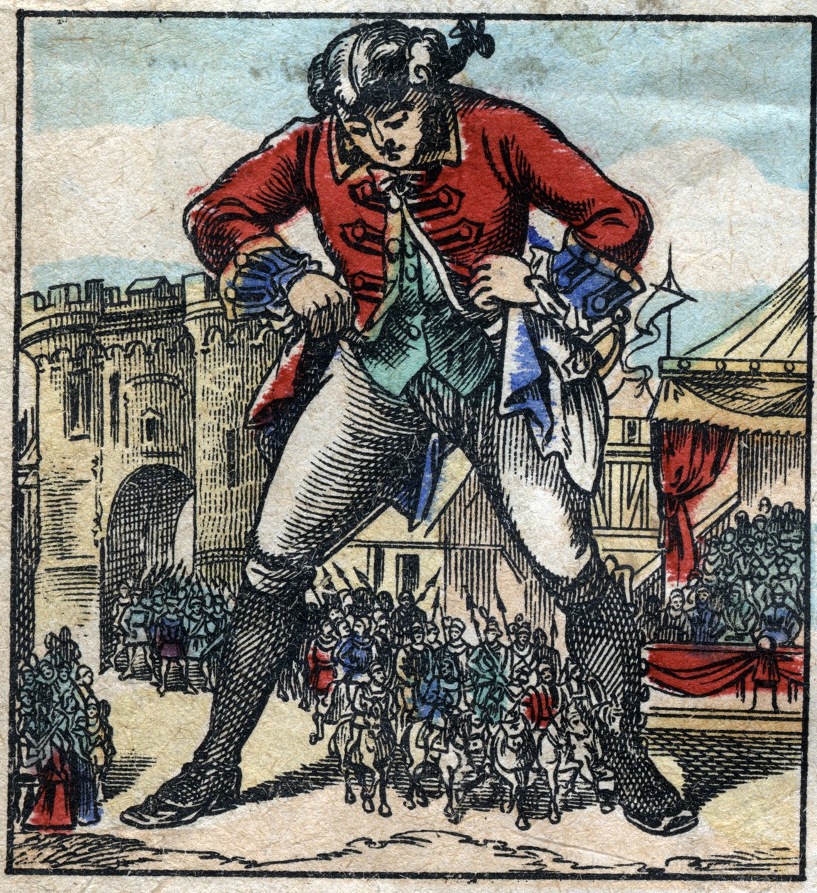 Lemuel Gulliver a liliputiak földjén. Illusztráció a Gulliver utazásaihoz, Jonathan Swift (1667-1745). Epinális képalkotás a 19. század végén. alkotó: French School