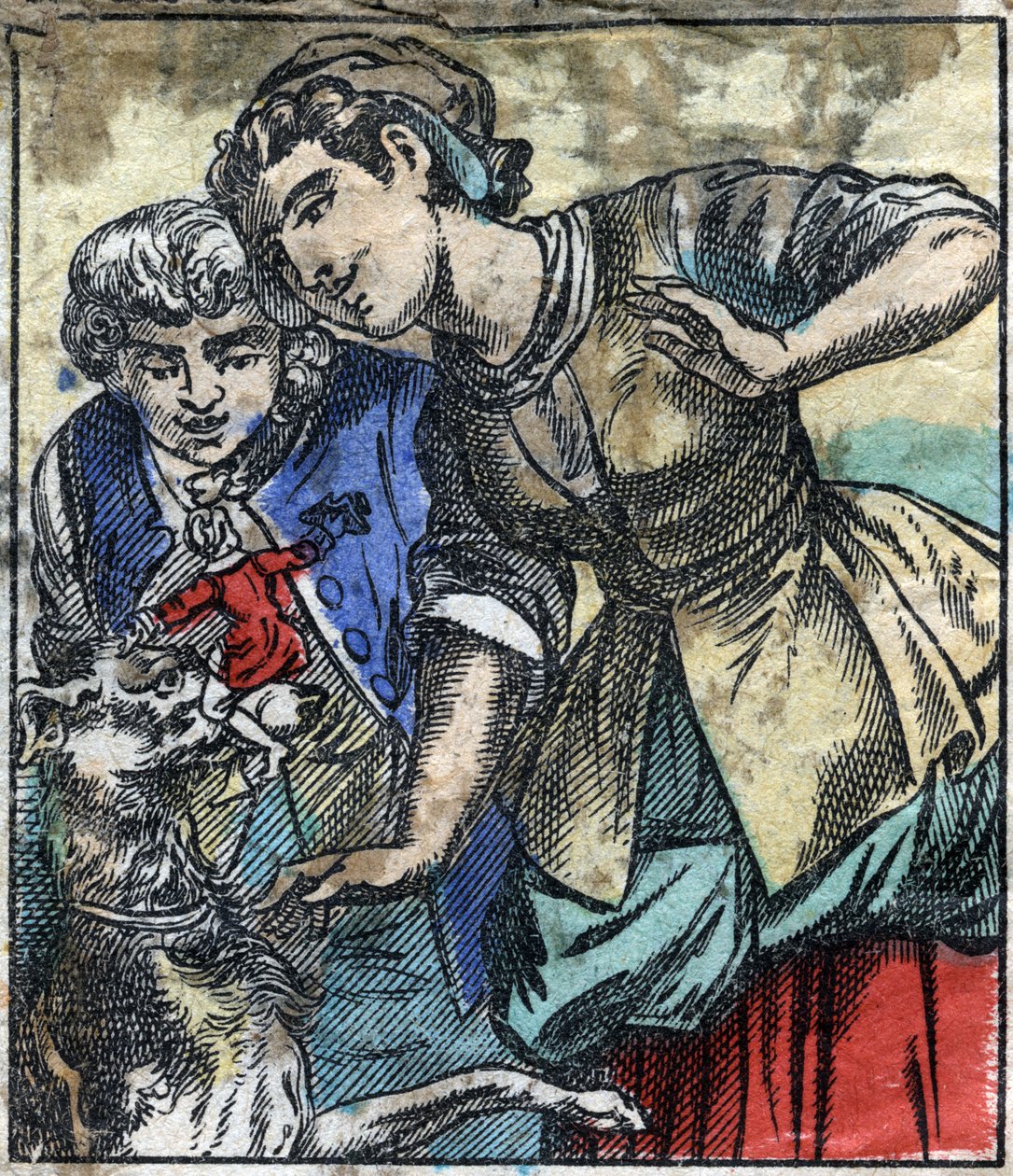 Lemuel Gulliver Brobdingnag óriásainak földjén. Illusztráció a Gulliver utazásaihoz, Jonathan Swift (1667-1745). Epinális képalkotás a 19. század végén. alkotó: French School