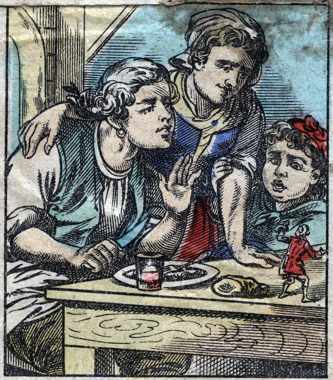 Lemuel Gulliver a Glumdalclitch család asztalán, Brobdingnag óriásainak földjén. Illusztráció a Gulliver utazásaihoz, Jonathan Swift (1667-1745). Epinális képalkotás a 19. század végén. alkotó: French School