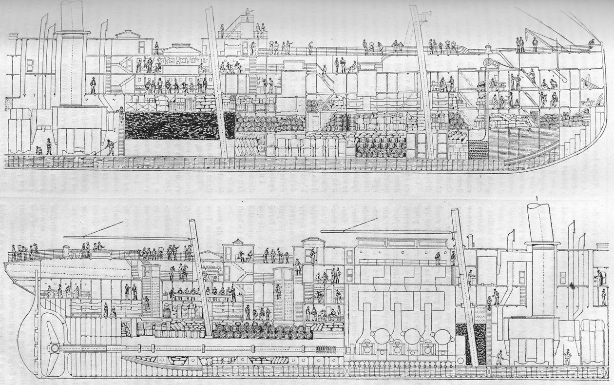 Az 1886 és 1915 között üzemelő „” La Gascogne”” bélés hosszmetszete. Metszet a „” La jeunesse”” jeles folyóiratban alkotó: French School