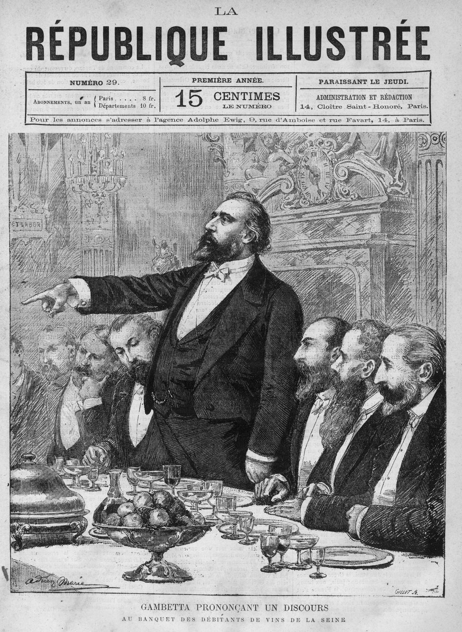 Leon Gambetta (1838-1882) beszédet mond a Szajna boradóinak bankettjén. Egy újság. Metszet 1880-ból a „La republique illustree”” magángyűjteményben. alkotó: French School