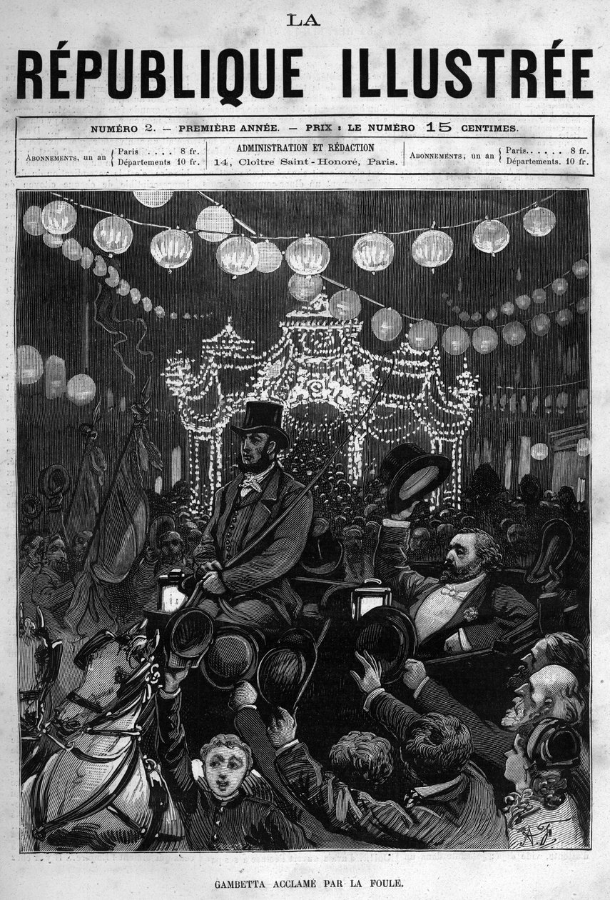 Leon Gambetta (1838-1882) köszönti a párizsi Place de la Republique szobrát. Egy újság. Metszet 1880-ból a „La republique illustree”” magángyűjteményben. alkotó: French School