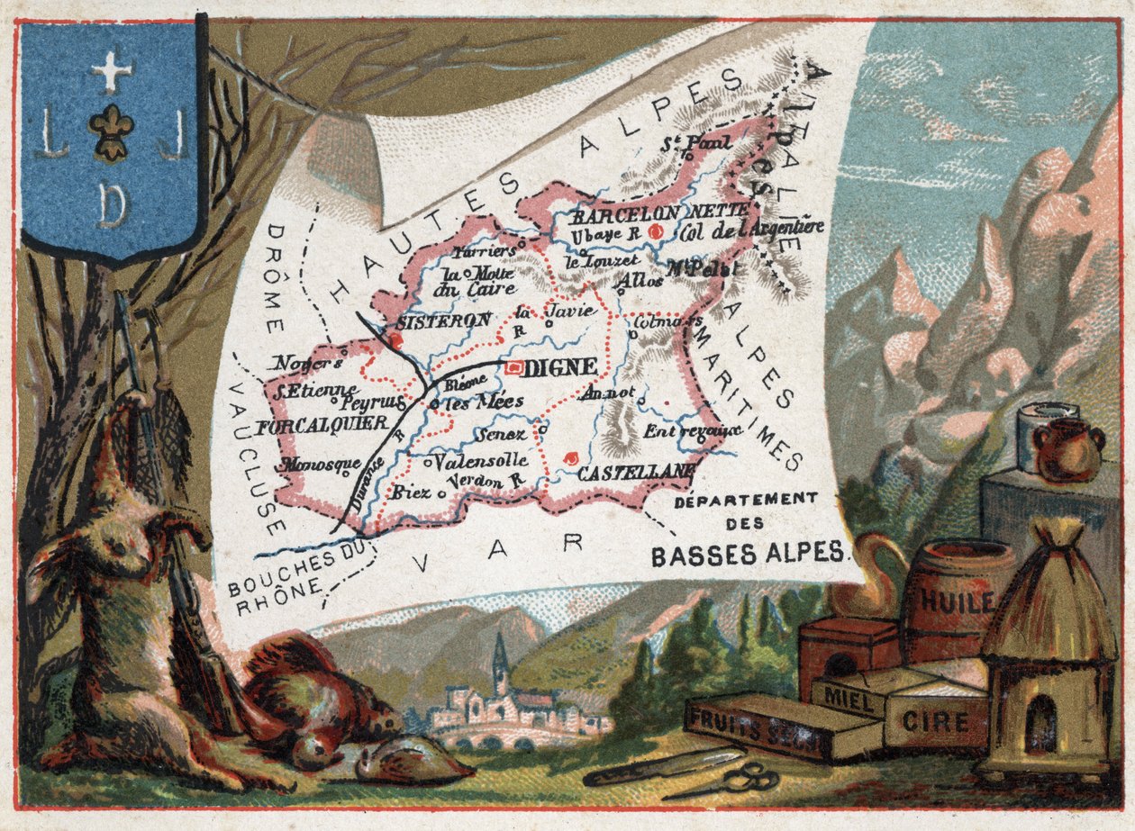 Les Basse Alpes (Basse-Alpes), Alpes-de-Haute-Provence mai megye (Alpes de Haute-Provence 04), Franciaország. Helyi specialitás: vadászat, viasz, méz, aszalt gyümölcsök és olaj. Sorozat a francia minisztériumokról. Kromolitográfia (Chromo) „” a földrajzi alkotó: French School