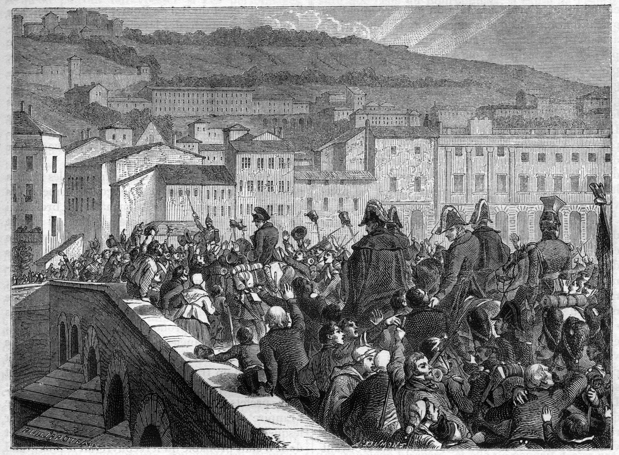 A Száz nap: Napóleon diadalmas belépője Lyonba 1815. március 10-én - Adolphe Thiers „A birodalom története a konzulátus történetét követve” című művében - 1879 - magángyűjtemény alkotó: French School