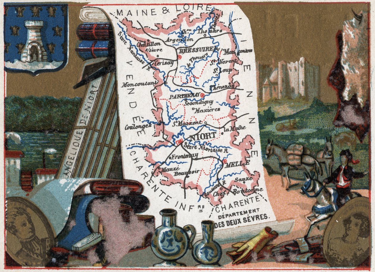 Les Deux Sevres (Deux-Sevres, 79), Poitou Charente (Poitou-Charente), Franciaország. Niort angyali. Sorozat a francia minisztériumokról. Kromolitográfia (Chromo) „” a földrajzi szál””, 1920 körül. Magángyűjtemény. alkotó: French School