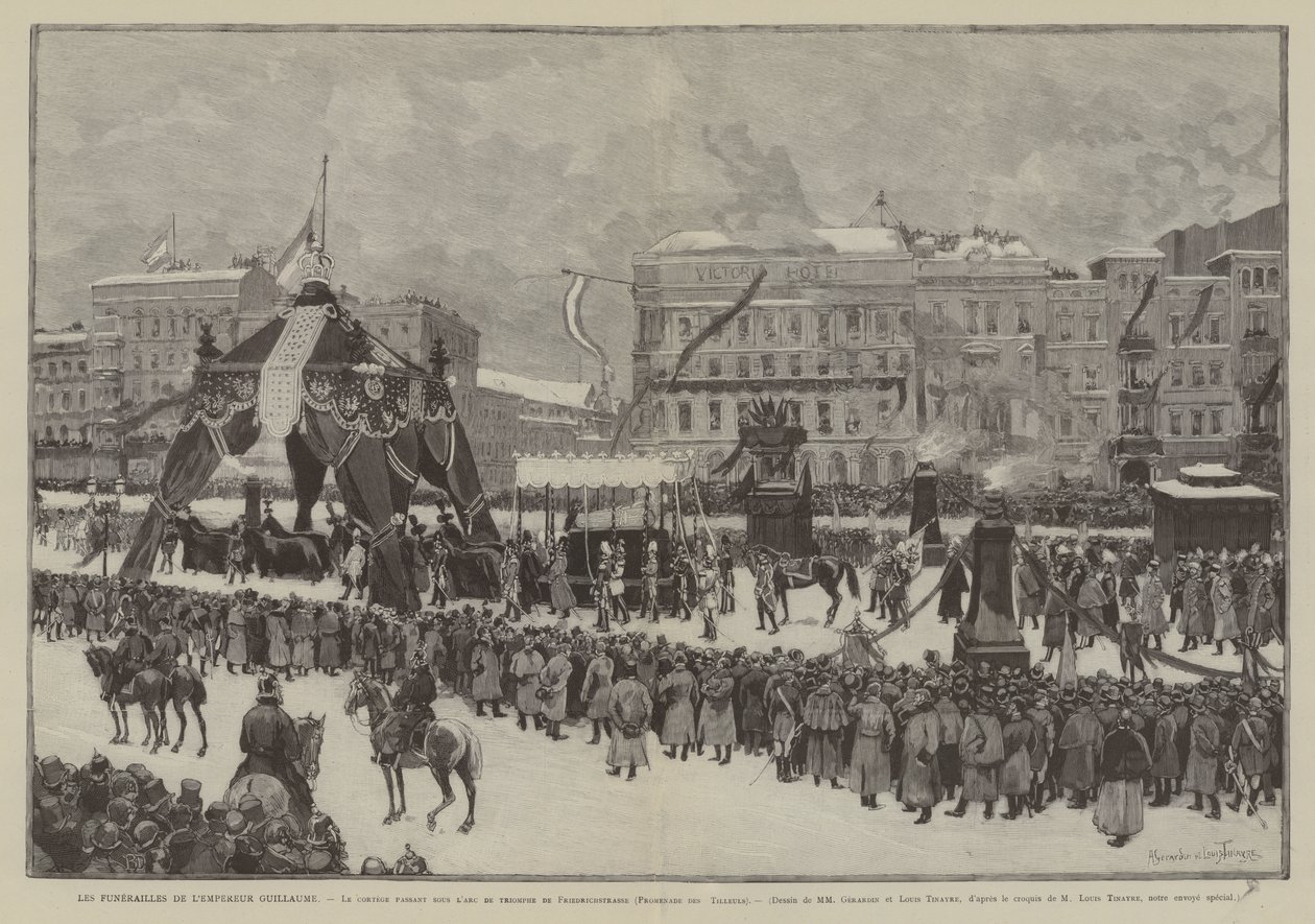 Vilmos császár temetése, A diadalív alatt haladó menet a Friedrichstrasse, Promenade des Tilleuls (metszet) alkotó: French School