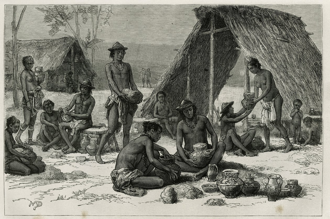 Les Indiens Galibis (vagy Kalinas) kerámiakészítés, D.Maillart metszet, Dr. Jules Crevaux, a francia haditengerészet orvosának 1876-1877-es felfedezőútjának szemléltetésére Guyana belsejében, megjelent a tour du monde , o irányítása alatt alkotó: French School
