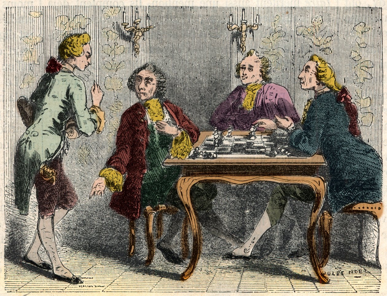 A párizsi Procope kávézó sakkozói a 18. században – Edmond Texier 1852-es metszete „Tableau-de-Paris”-ban alkotó: French School