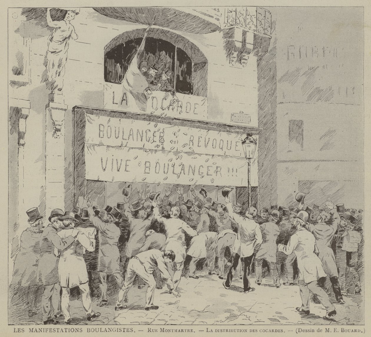 Les Manifestations Boulangistes, Rue Montmartre, La distribution des cocardes (metszet) alkotó: French School