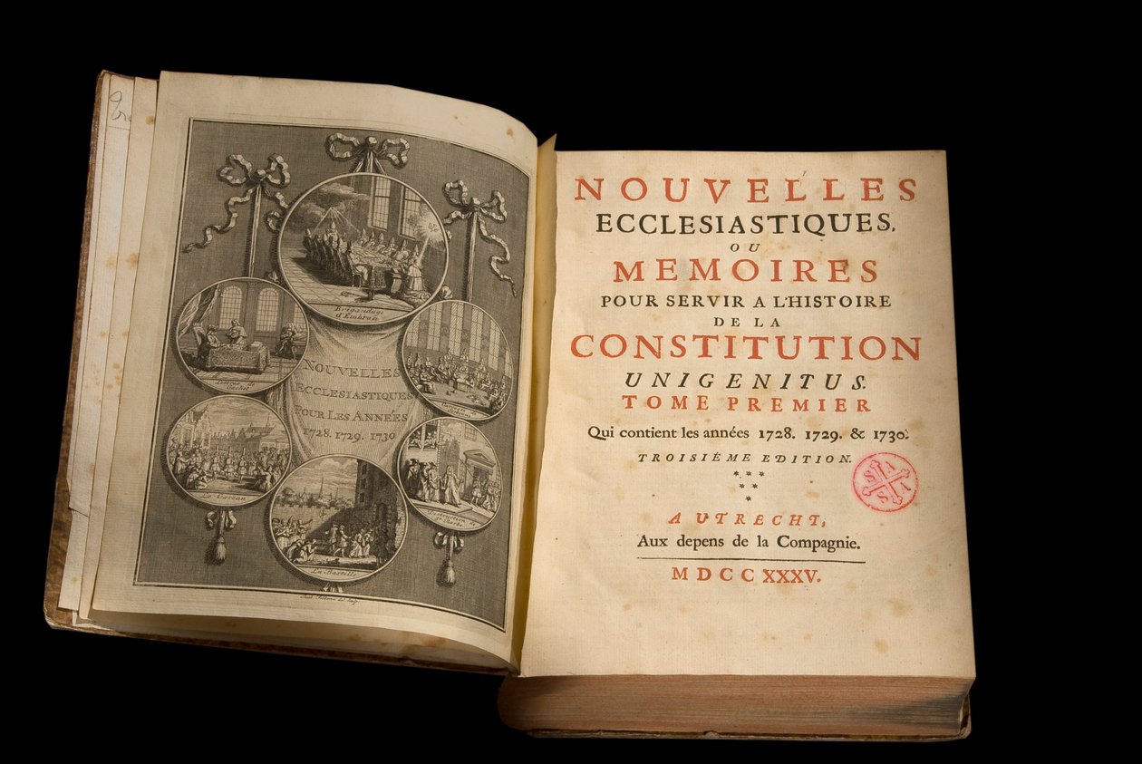 Egyházi Hírek vagy Emlékiratok az alkotmány történetének szolgálatába Unigenitus hetilap francia janzenista. 1735. Port-Royal könyvtára. Párizs. alkotó: French School