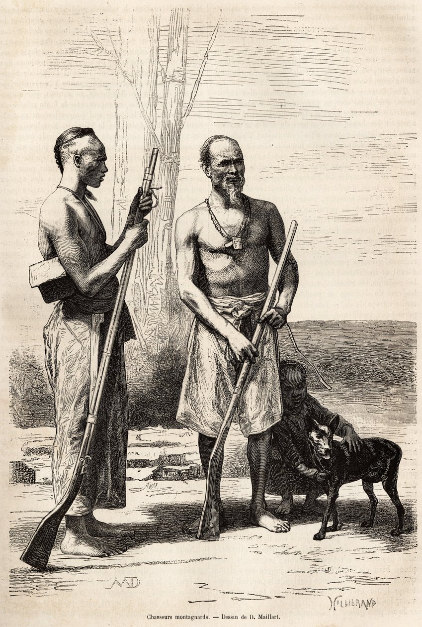 A Formosa-sziget hegyi vadászai, metszet D.Maillard rajza után, amely a kínai utazást illusztrálja, J. Thompson, 1870-1872, megjelent a „” Le tour du monde””” 1875-ben, szerkesztette Edouard Charton, Hachette kiadás, Párizs. Selva Collecti alkotó: French School