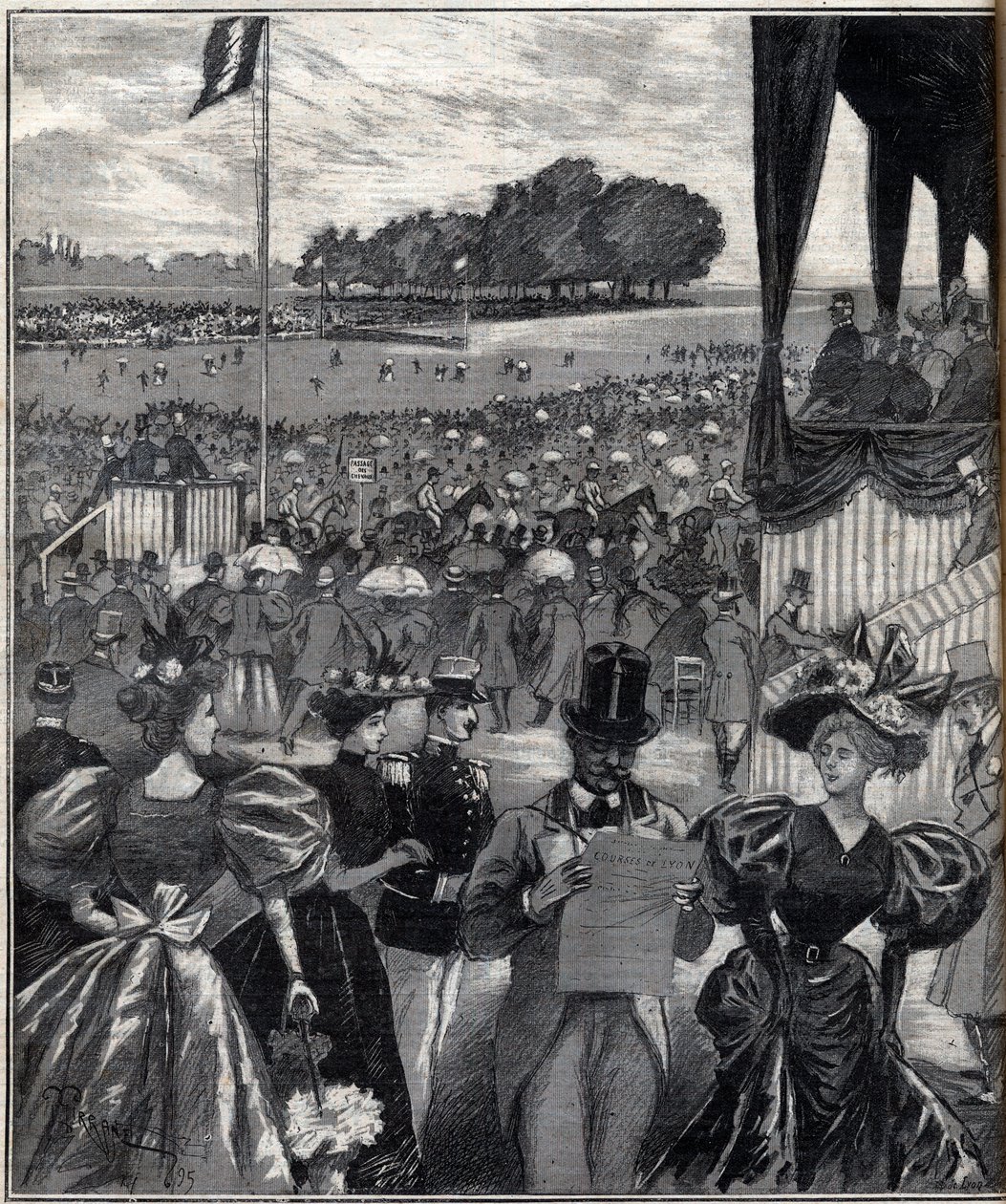 Les courses de lyon (lyoni versenypályák) - a Grand Prix után - metszet az 1895-ös „Le Progres illustrious”-ban alkotó: French School