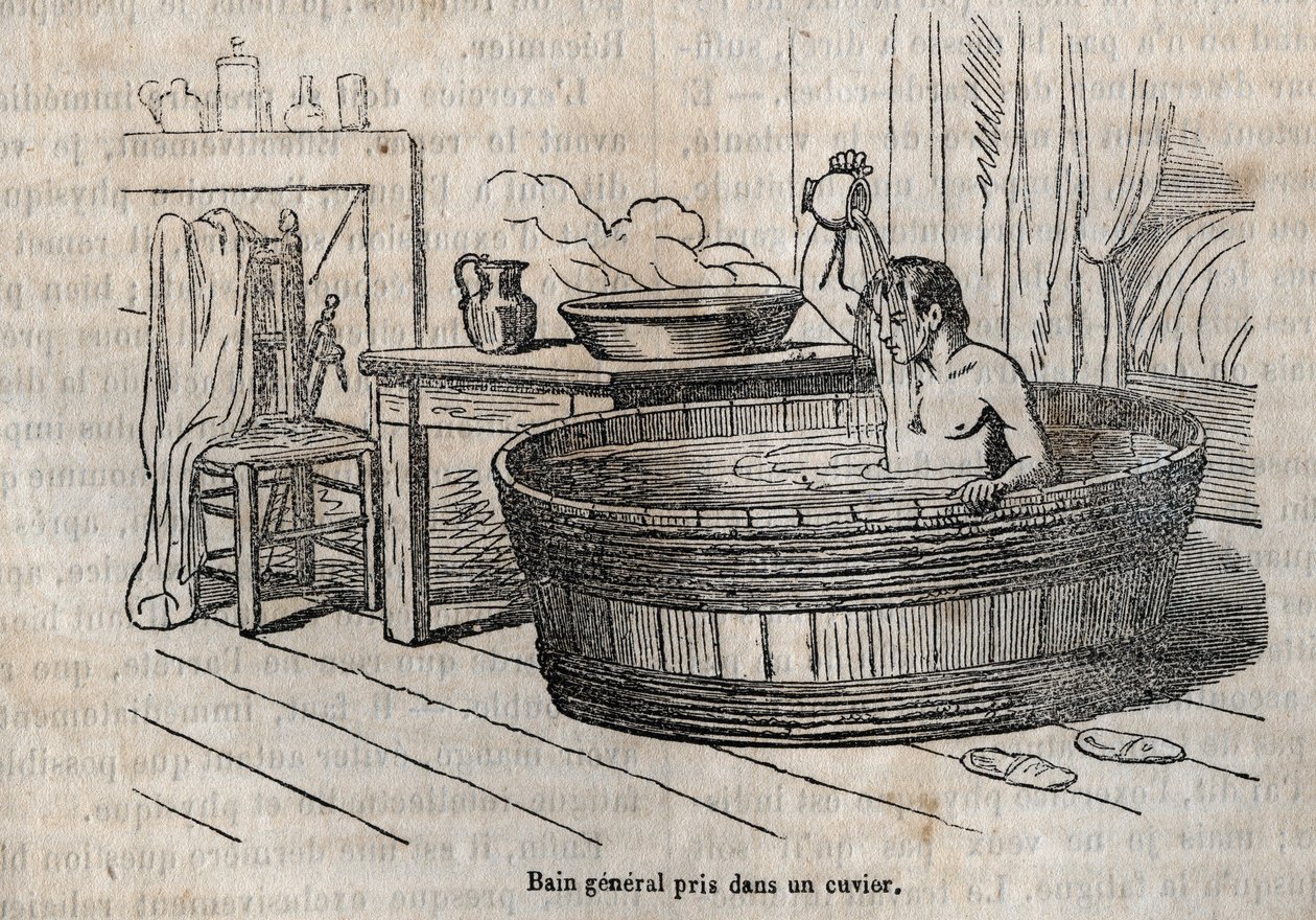 Fürdőgesztusok - Higiénia a 19. században - Fürdés tálban - Metszet a „La Sante Universelle - Guide Medical des Familles” 1852-ben alkotó: French School