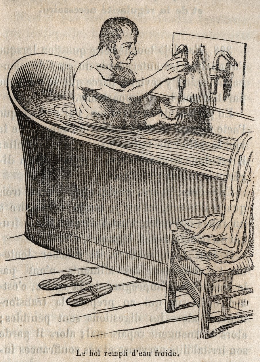 Fürdőgesztusok - Higiénia a 19. században - Férfi fürdőkádban - Metszet a "La Sante Universelle - Guide Medical des Familles"-ben 1852 alkotó: French School
