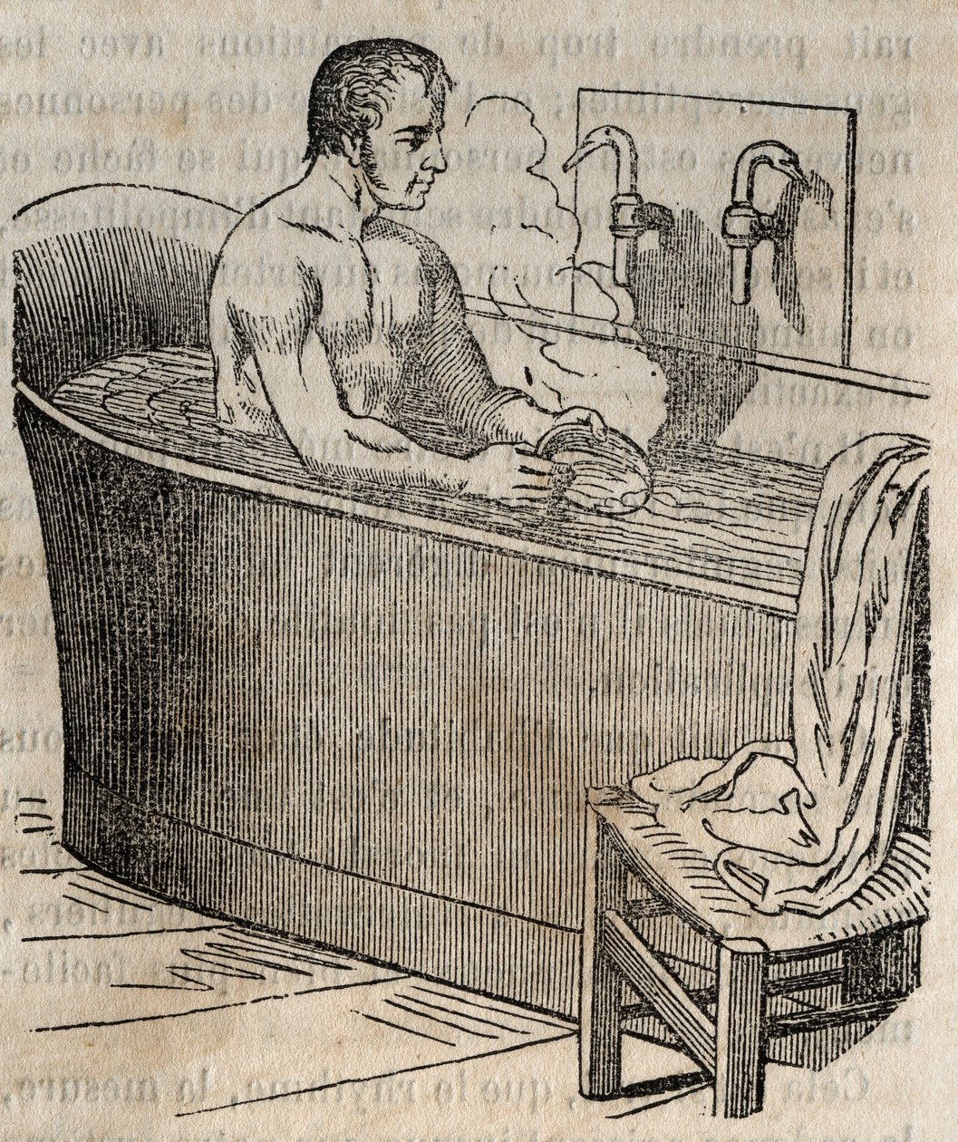 Fürdőgesztusok - Higiénia a 19. században - Férfi fürdőkádban - Metszet a "La Sante Universelle - Guide Medical des Familles"-ben 1852 alkotó: French School