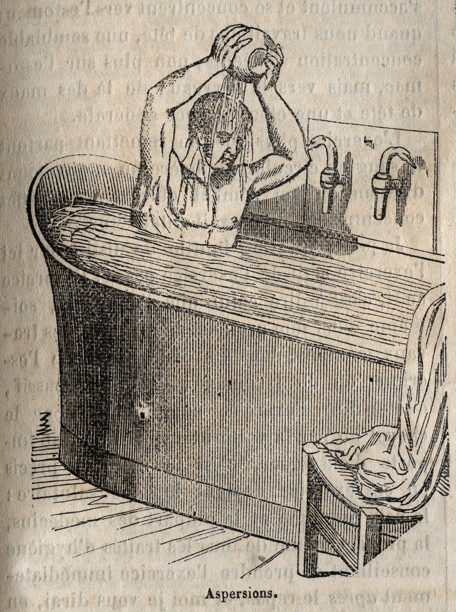 Fürdőgesztusok - Higiénia a 19. században - Férfi fürdőkádban - Metszet a "La Sante Universelle - Guide Medical des Familles"-ben 1852 alkotó: French School