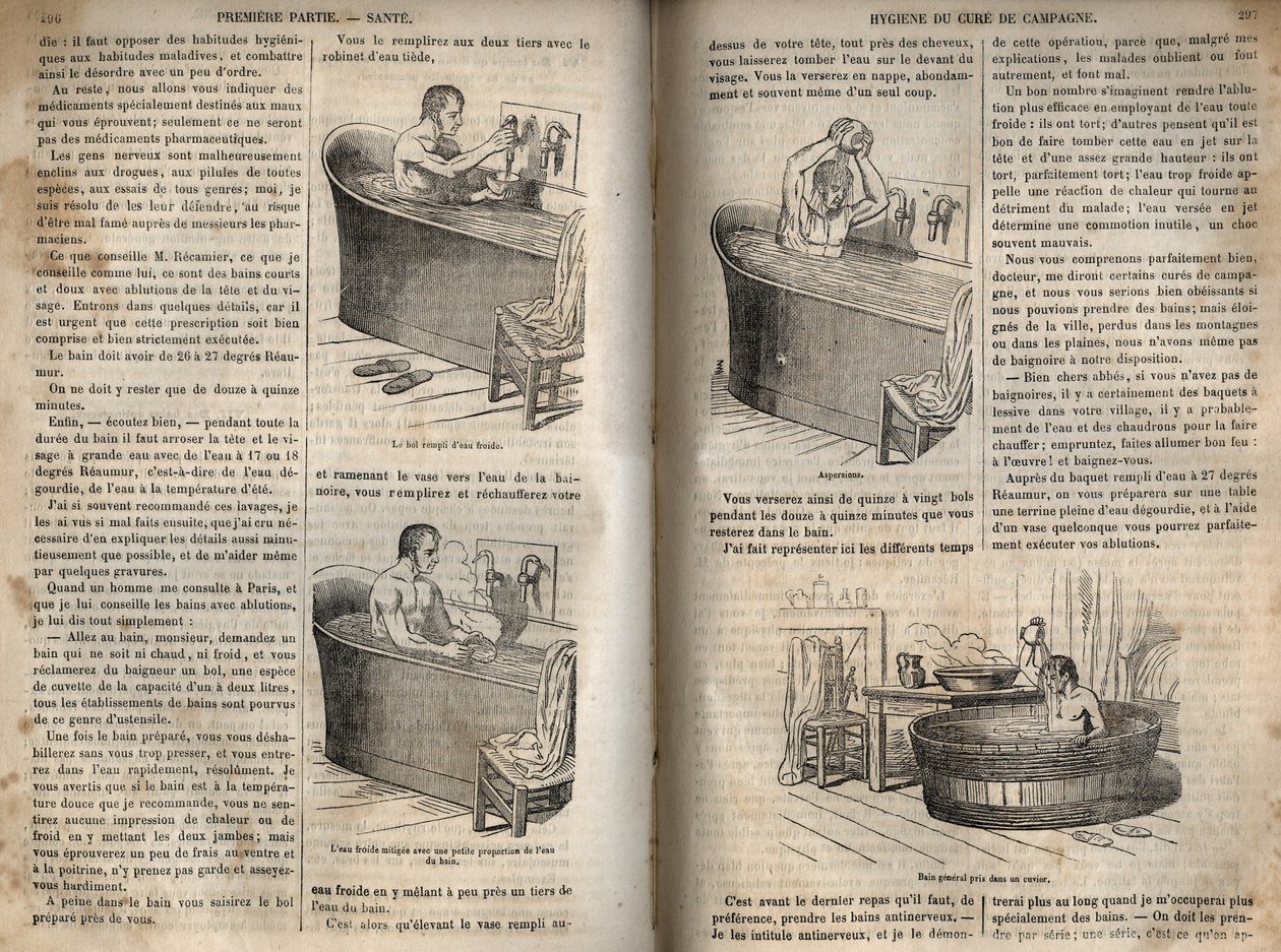 Fürdőgesztusok - Higiénia a 19. században - Férfi fürdőkádban - Metszet a "La Sante Universelle - Guide Medical des Familles"-ben 1852 alkotó: French School