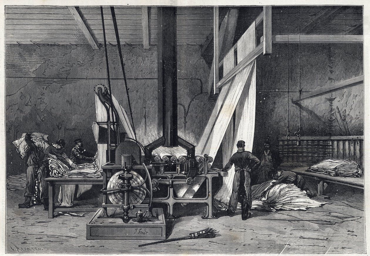 A nagy gyárak - Dyeing erie Boutarel Clichy la Garenne-ben - Le mesh des Etoffes - metszet 1869-ből alkotó: French School