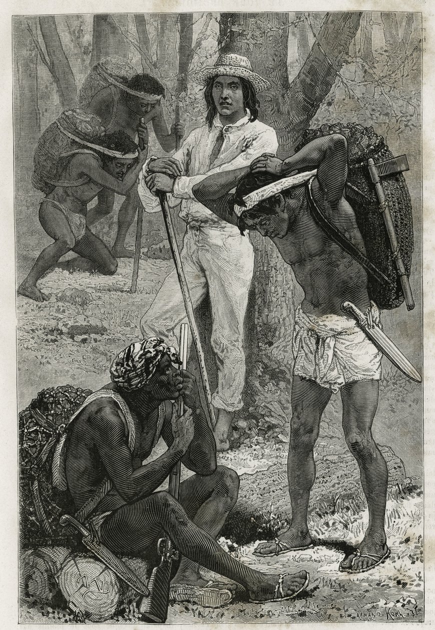 Les porters (caucheros), Darienben (Kelet-Panama régiója), metszet D.Maillart rajza alapján, A. Reclus hajóhadnagy, 1876-tól 1878-ig: Kutatás Panama és Darien földszorosán című történetének illusztrálására. , megjelent a tour du mo alkotó: French School
