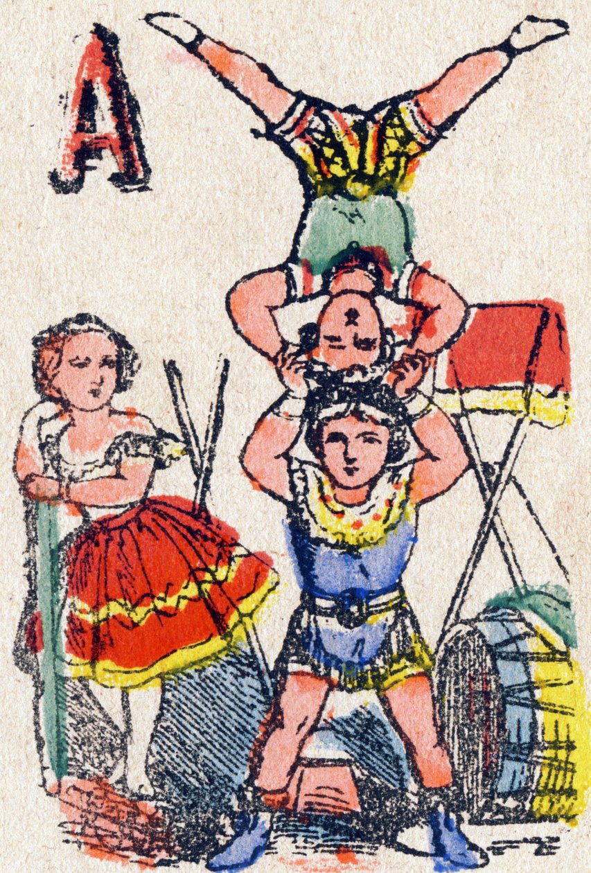 A betű Akrobaták. Metszet "Alphabet des jeux" betűkkel. Vagne úr, szerkesztő, Pont-a-Mousson, 19. század vége. Rózsaszín sorozat. 12 oldal. Album, amely egyszerűsített olvasási módszert és egy illusztrált abecedaryt tartalmaz. Mérete: 16,5x11 cm alkotó: French School