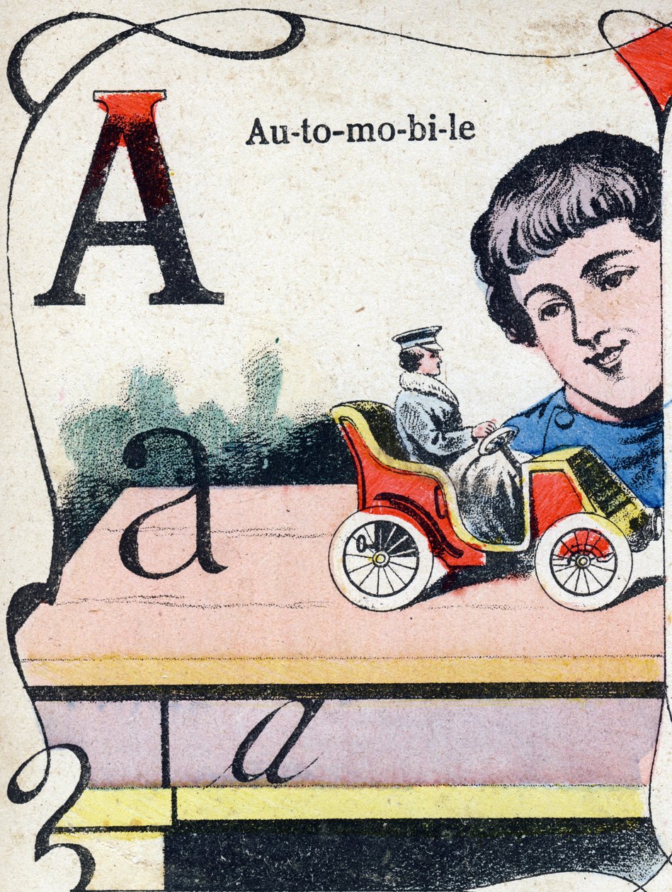 Betű autó. "ABC des joux pour petits boys" gravírozás. Pont-a-Mousson, Louis Vagne, nyomdász-kiadó képalkotása, 19. század vége. Mérete: 32,5x25 cm alkotó: French School