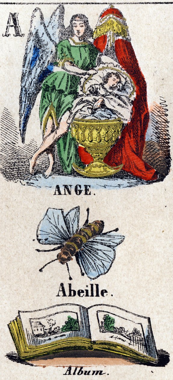 A betű, mint az angyal, a méhecske és az album. Egy védőangyal egy bölcsőben alvó gyermek közelében. Kis enciklopédikus ábécé. Epinal képalkotása, 1860 körül. Fametszet, stencilezett, aranyozással. Mérete: 37,8x50,3 cm. Magángyűjtemény alkotó: French School