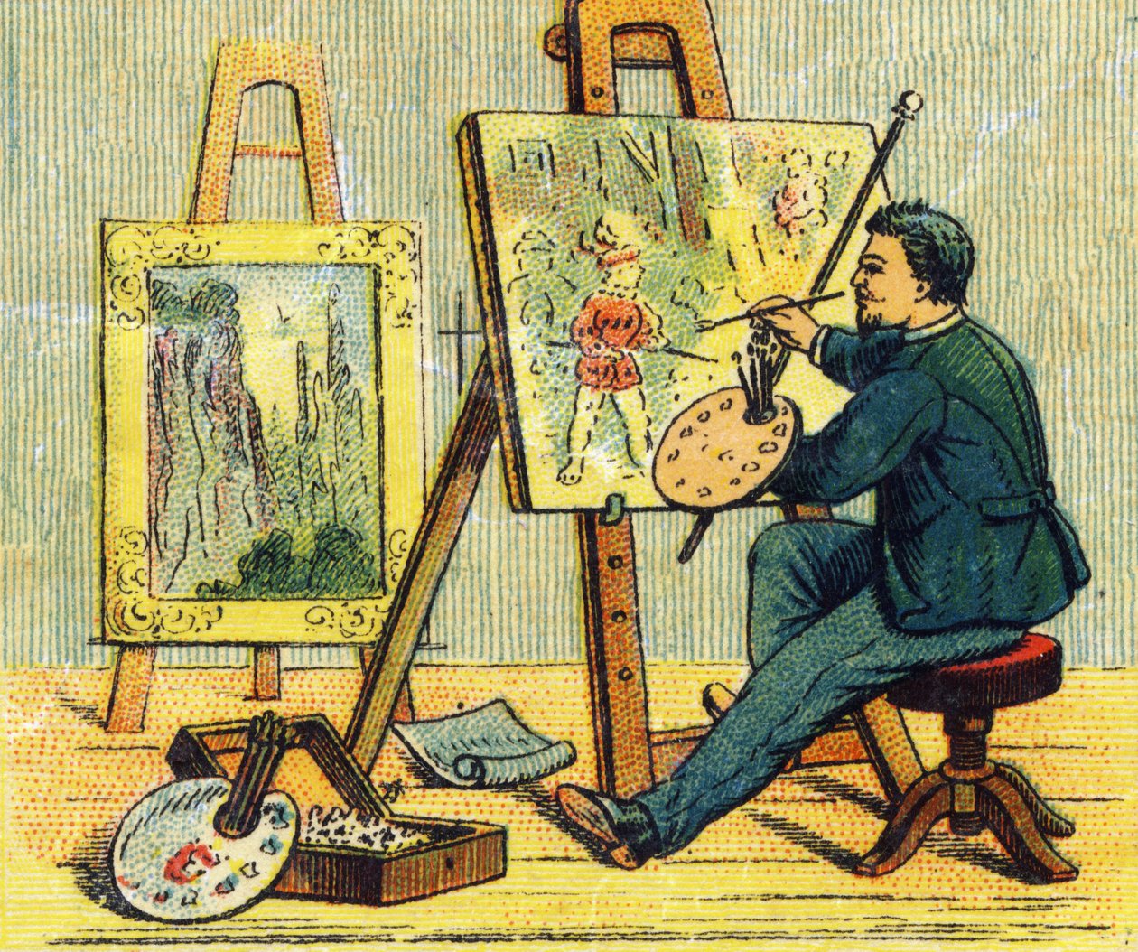 A betű: festő a műtermében. Gravírozás "ABC indechirable on lakkozott vászon". A. Capendu, szerkesztő, Párizs, 19. század vége. Gyermekkönyvesbolt illusztrált. 8 oldal. Mérete: 21,5x18 cm. alkotó: French School