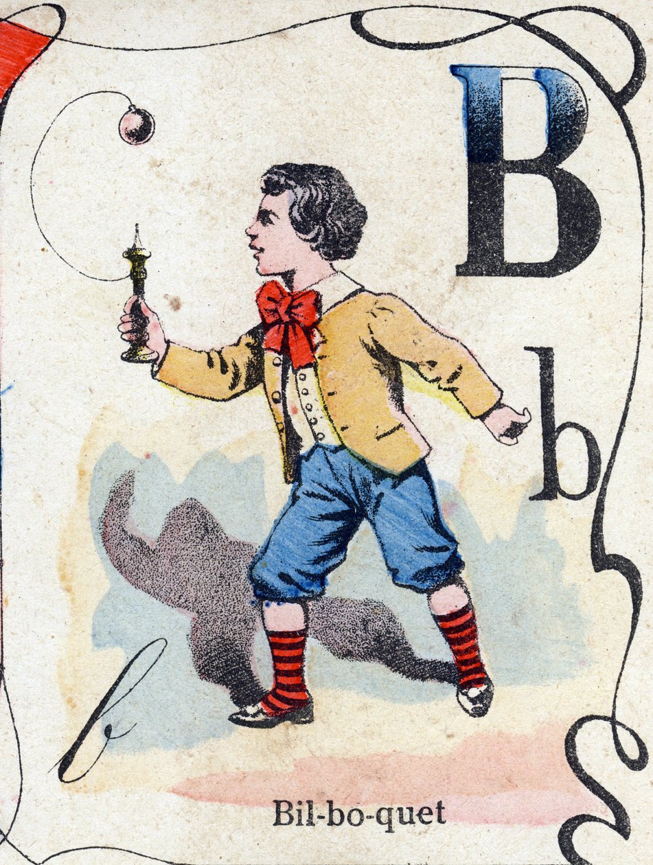 B betű Bilboquet. "ABC des joux pour petits boys" gravírozás. Pont-a-Mousson, Louis Vagne, nyomdász-kiadó képalkotása, 19. század vége. Mérete: 32,5x25 cm alkotó: French School