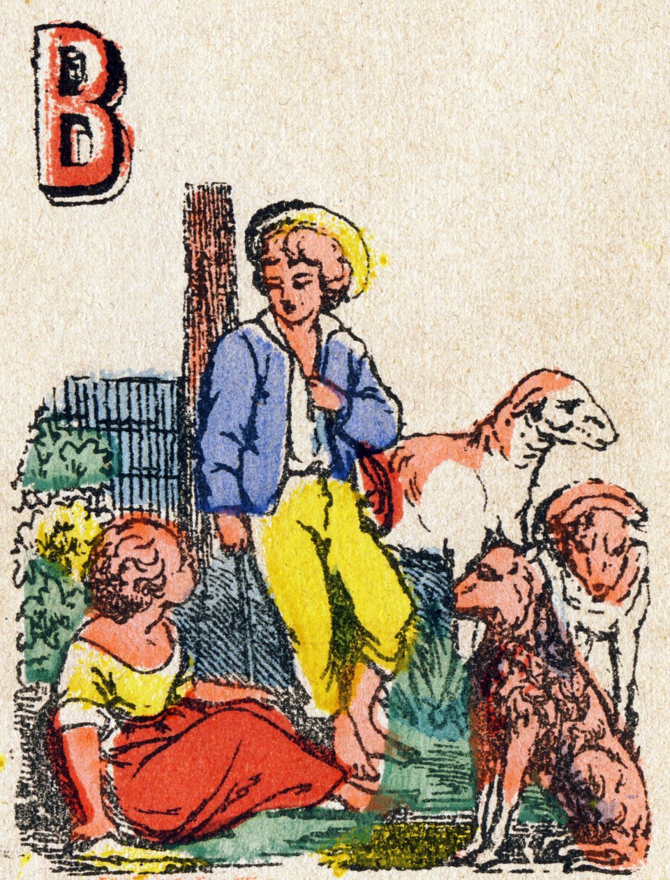 B betű Pásztorok. Metszet "Alphabet des jeux" betűkkel. Vagne úr, szerkesztő, Pont-a-Mousson, 19. század vége. Rózsaszín sorozat. 12 oldal. Album, amely egyszerűsített olvasási módszert és egy illusztrált abecedaryt tartalmaz. Mérete: 16,5x11 cm alkotó: French School