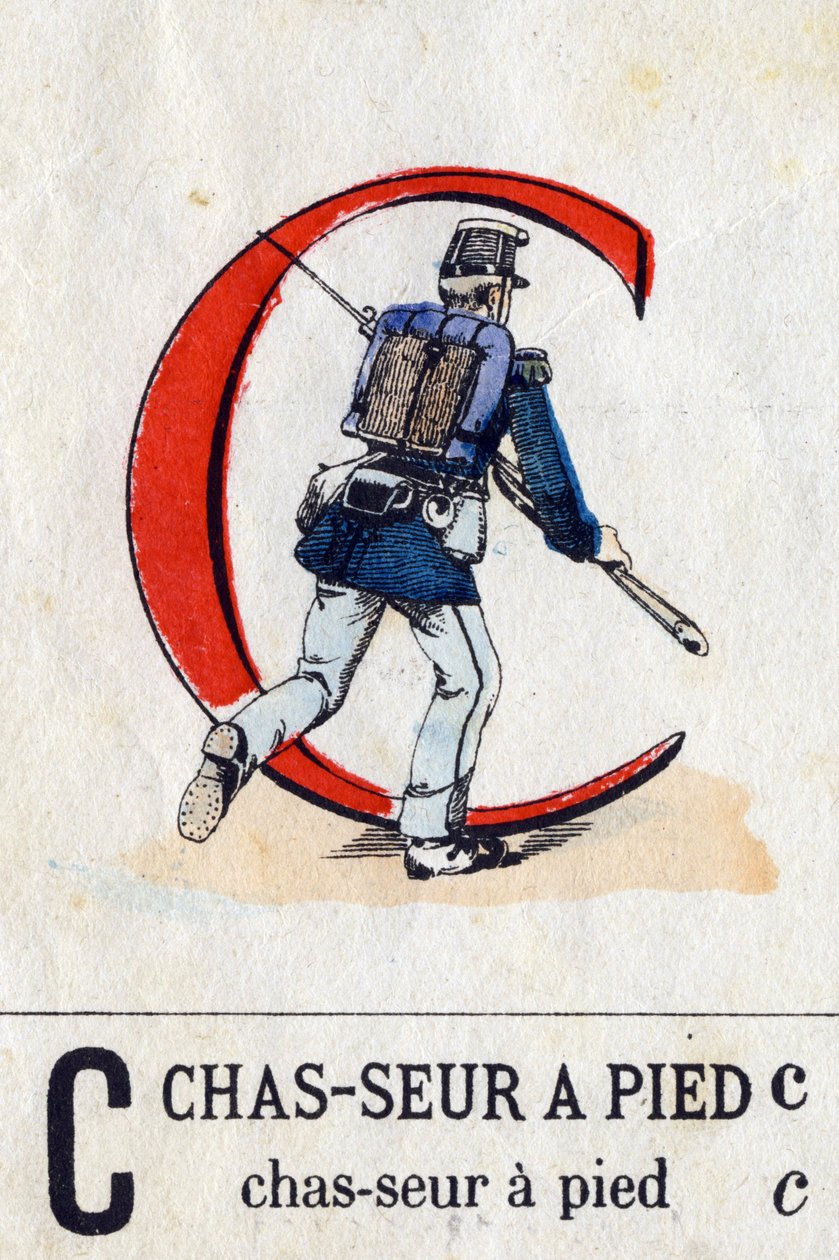 C betű, mint lábvadász. Katonai ábécé (ABC vagy abecedary). Epinal képalkotása, 1870-1880 körül). Stencil színű fametszetek. Magángyűjtemény alkotó: French School