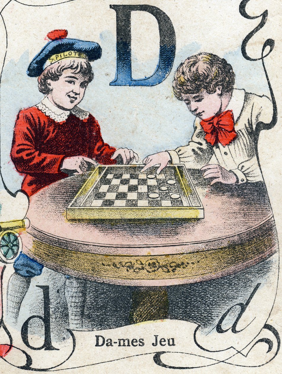 D betű: Dámajáték. "ABC des joux pour petits boys" gravírozás. Pont-a-Mousson, Louis Vagne, nyomdász-kiadó képalkotása, 19. század vége. Mérete: 32,5x25 cm alkotó: French School