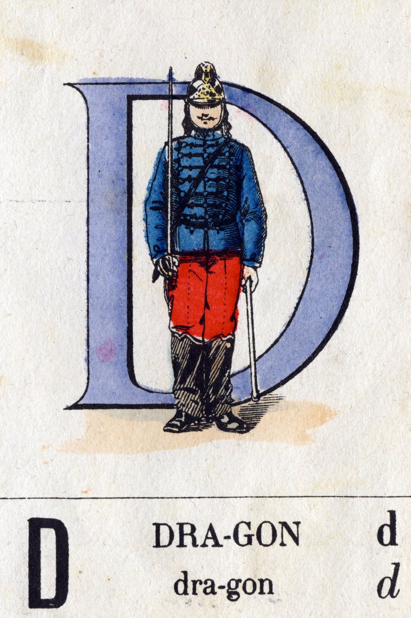 D betű mint sárkány. Katonai ábécé (ABC vagy abecedary). Epinal képalkotása, 1870-1880 körül). Stencil színű fametszetek. Magángyűjtemény alkotó: French School