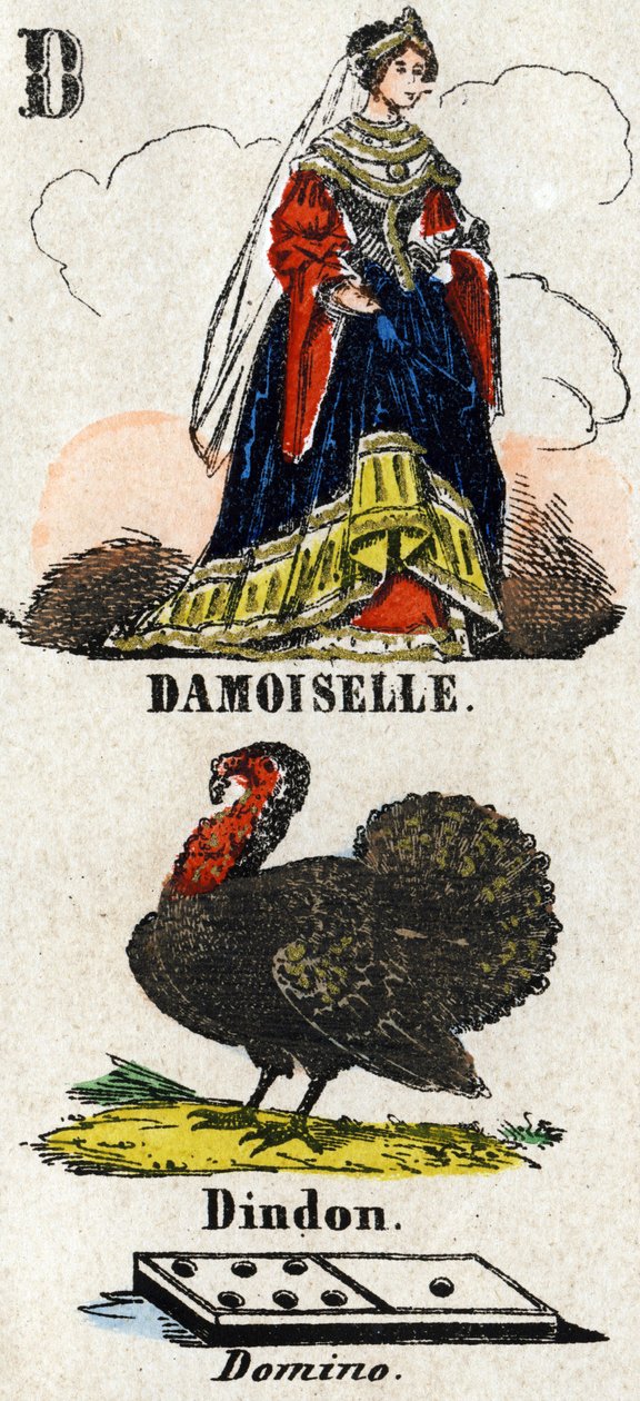 D betű, mint damoiselle, pulyka és dominó. Kis enciklopédikus ábécé. Epinal képalkotása, 1860 körül. Fametszet, stencilezett, aranyozással. Mérete: 37,8x50,3 cm. Magángyűjtemény alkotó: French School