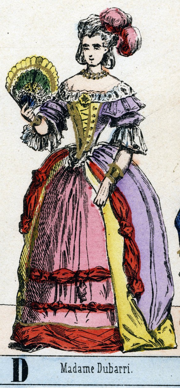 D betű, mint Mrs. Dubarri. Jeanne Becu, dit de Cantigny, du Barry grófnő (1743-1793) portréja, XV. Lajos francia király kedvence. A Színházi Múzeum tisztje. Epinal képalkotása, 1830 körül. Mérete: 37,7x47,5 cm. Metszetek fára, stencilezett alkotó: French School