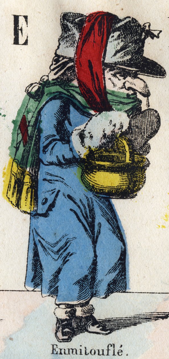 E betű: Pakolás (bundák és szövetek melegen tartása érdekében). Gravírozás „” Comic Alphabet”-be”. Új Epinal képalkotás. Litográfia Pinot et Sagaire, szerkesztők, 1860 és 1888 között. 491. sz. tábla 25 világító betűvel. Mérete: 40,5x28 cm. Magángyűjtemény alkotó: French School