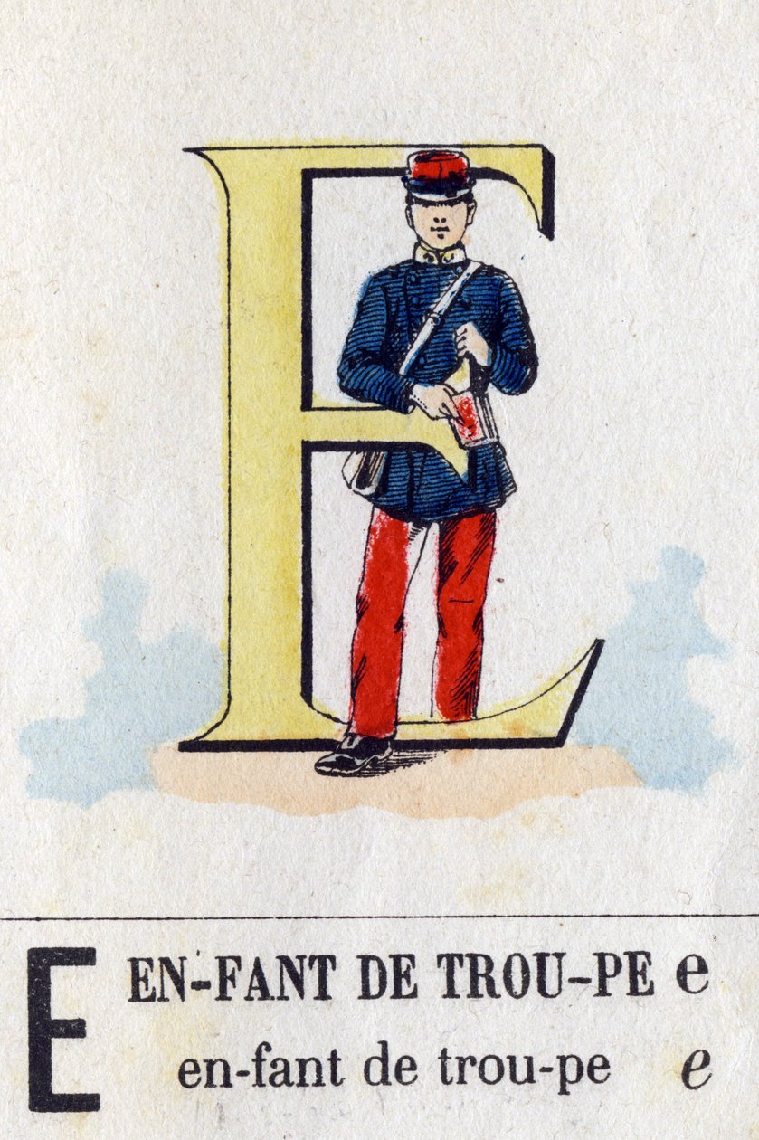 E betű csapatgyerekként. Katonai ábécé. Epinal képalkotása, 1870-1880 körül. Stencil színű fametszetek alkotó: French School