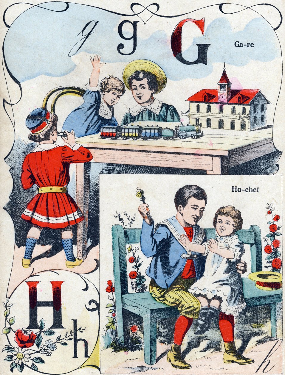 G H betű: állomás és csörgő. "ABC des joux pour petits boys" gravírozás. Pont-a-Mousson, Louis Vagne, nyomdász-kiadó képalkotása, 19. század vége. Mérete: 32,5x25 cm alkotó: French School