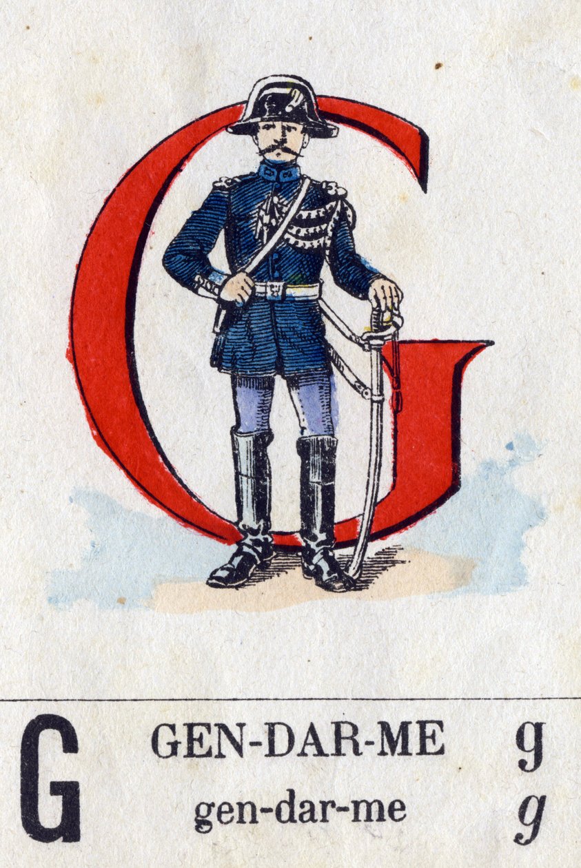 G betű, mint rendőr. Katonai ábécé. Epinal képalkotása, 1870-1880 körül. Stencil színű fametszetek alkotó: French School