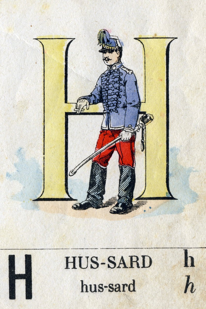 H betű huszárként. Katonai ábécé. Epinal képalkotása, 1870-1880 körül. Stencil színű fametszetek alkotó: French School
