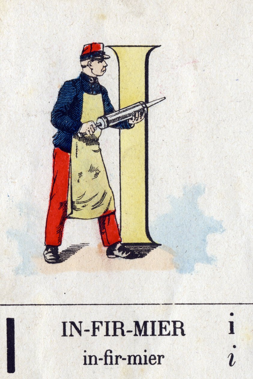 I. levél, mint ápolónő. Katonai ábécé. Epinal képalkotása, 1870-1880 körül. Stencil színű fametszetek alkotó: French School