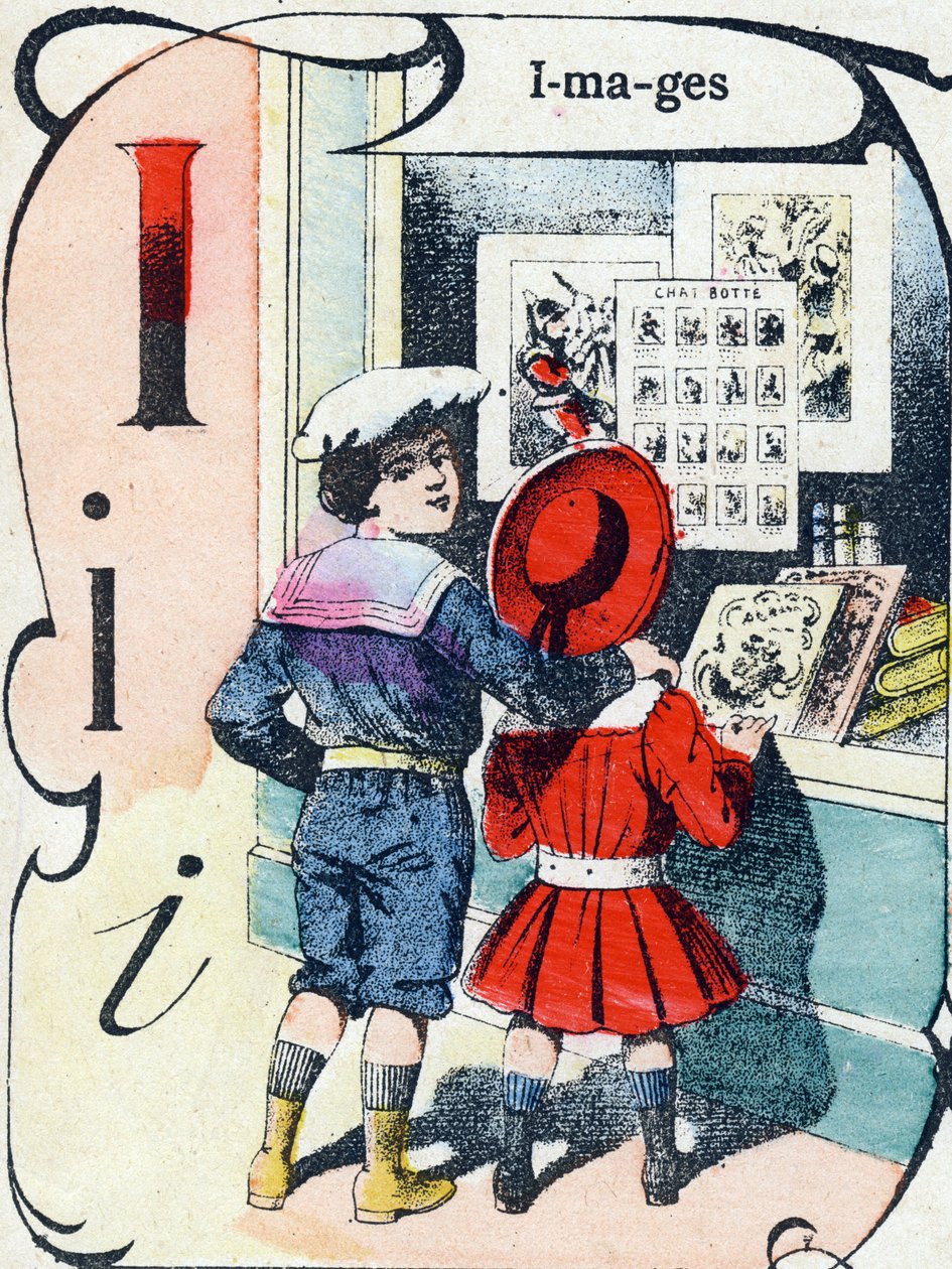 I. betű: képek. "ABC des joux pour petits boys" gravírozás. Pont-a-Mousson, Louis Vagne, nyomdász-kiadó képalkotása, 19. század vége. Mérete: 32,5x25 cm alkotó: French School