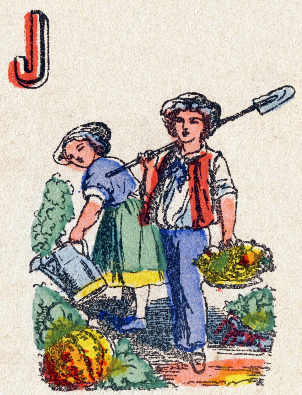 J betű Kertészek. Metszet "Alphabet des jeux" betűkkel. Vagne úr, szerkesztő, Pont-a-Mousson, 19. század vége. Rózsaszín sorozat. 12 oldal. Album, amely egyszerűsített olvasási módszert és egy illusztrált abecedaryt tartalmaz. Mérete: 16,5x11 cm alkotó: French School