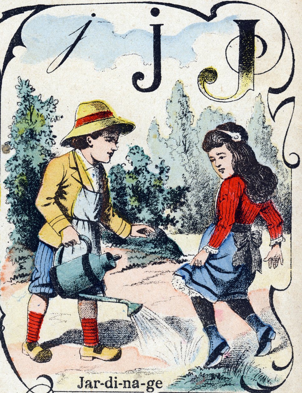 J betű: Kertészet. "ABC des joux pour petits boys" gravírozás. Pont-a-Mousson, Louis Vagne, nyomdász-kiadó képalkotása, 19. század vége. Mérete: 32,5x25 cm alkotó: French School