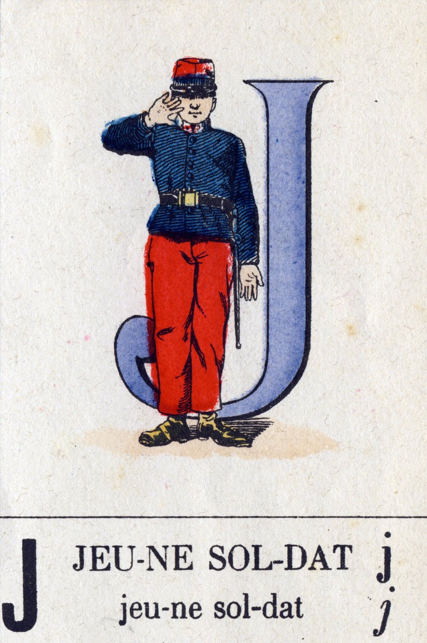 J betű fiatal katonaként. Katonai ábécé. Epinal képalkotása, 1870-1880 körül. Stencil színű fametszetek alkotó: French School